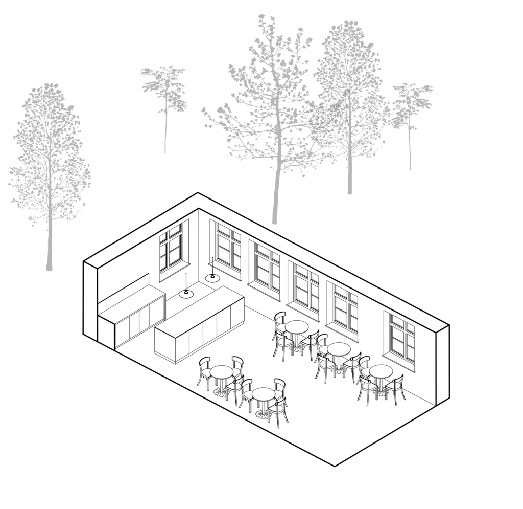 Isometrische Zeichnung des Caféraums mit Tresen, Fensterreihe und runden Tischen.